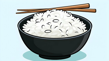Steaming white rice in black bowl with chopsticks, light blue background; perfect for food blogs or recipe websites
