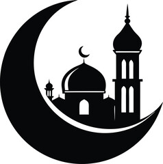Islamic Crescent Moon and Mosque Black Silhouette Vector Design
