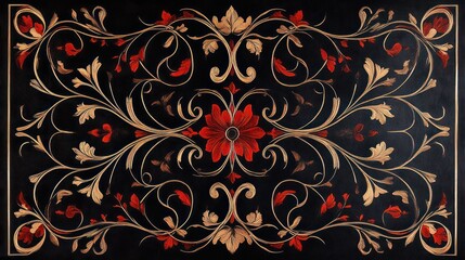 Intricate black and red marquetry design with stylized floral patterns
