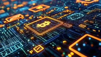 Obraz premium Bitcoin cryptocurrency on a circuit board.