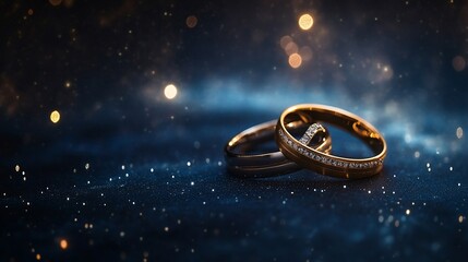 Elegant gold wedding bands with diamonds on a sparkling dark blue background