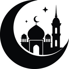 Islamic Crescent Moon and Mosque Black Silhouette Vector Design