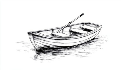 Black and White Sketch of a Small Wooden Rowboat on a Beach