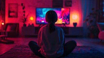 Person watching TV at home, colorful ambient lighting, relaxing