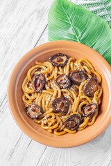 Udon Noodles with Soy Unagi Sauce, Mushrooms, and Green Onion