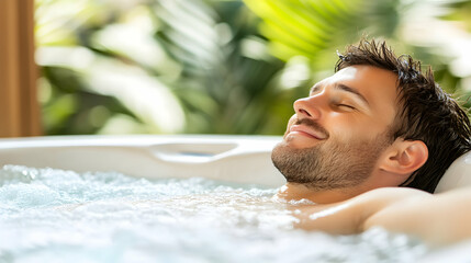 Relaxed man enjoying a hot tub outdoors, surrounded by lush greenery. Perfect for spa, wellness, and relaxation marketing