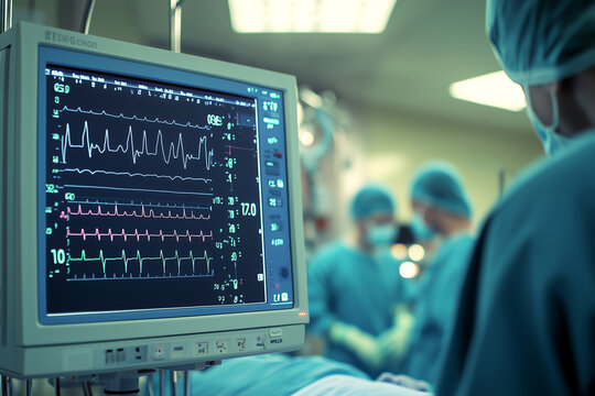 Medical team monitoring patient vital signs during surgical procedure in the hospital operating room.