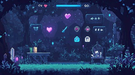 Naklejka premium Pixelated game scene; night forest, HUD, items.