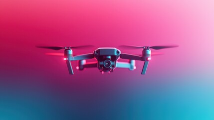 Modern drone hovering in a dynamic gradient background with vivid colors, showcasing high-tech features and innovative design for aerial photography