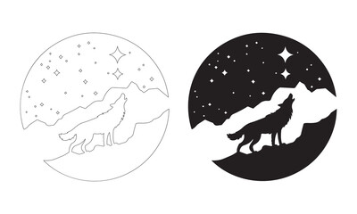 Wolf Howling with Starry Sky Silhouettes. Fully editable Flat and Outline. 