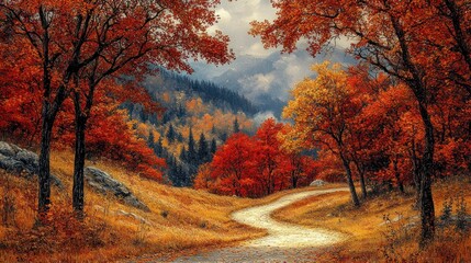 Fototapeta premium Autumnal Path Winding Through a Majestic Mountain Landscape