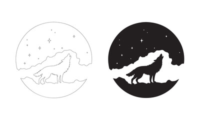 Wolf Howling with Starry Sky Silhouettes. Fully editable Flat and Outline. 