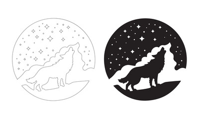 Wolf Howling with Starry Sky Silhouettes. Fully editable Flat and Outline. 