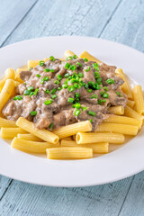 Beef stroganoff with rigatoni pasta, topped with fresh green onion garnish