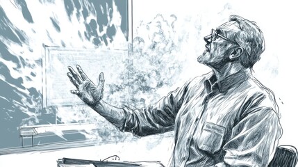 Bold and energetic ink sketch of a professor using a digital screen to convey complex knowledge