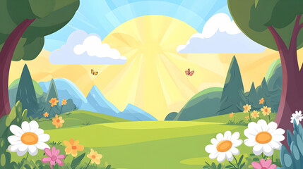 Naklejka premium Sunny morning meadow landscape with flowers, mountains, and butterflies; ideal for children's books, websites, or presentations