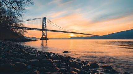 Obraz premium Sunrise over suspension bridge, rocky shore, calm water, misty hills. Scenic travel photography for tourism websites