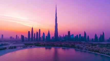 Fototapeta premium Sunset cityscape; skyscrapers, lake, desert; urban development; travel photography