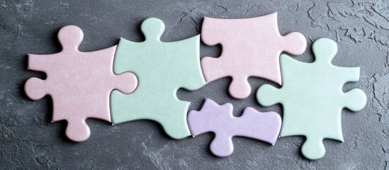 Fototapeta premium Brightly colored puzzle pieces in shades of light pink, mint green, and lavender fitting together seamlessly on a charcoal gray background