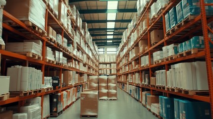 Fototapeta premium Warehouse Inventory Management: Rows of Shelves Filled with Cardboard Boxes in a Large Distribution Center