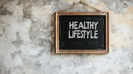 Fototapeta premium A framed chalkboard, hanging on a textured, light gray-white stucco wall, displays the words HEALTHY LIFESTYLE