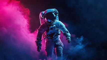 Fototapeta premium Astronaut in Dramatic Neon Smoke in Space, Colorful Light Effects, Futuristic Exploration, Adventure, Outer Space Journey, Cosmic Experience