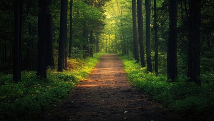 Obraz premium Forest path leading into a sunlit clearing
