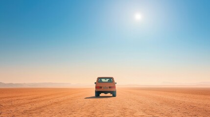 Fototapeta premium Vintage car on open road in vast desert landscape under bright blue sky, showcasing freedom, adventure, and exploration in arid terrain