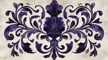 Ornate, symmetrical floral design in deep purple, on a light beige background