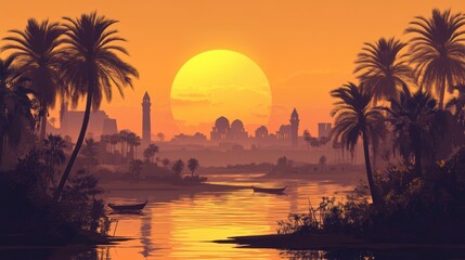 Golden Hour Oasis: A breathtaking sunset casts a warm, golden glow over an exotic city skyline, palm trees silhouetted against the radiant sun reflected in a tranquil body of water.
