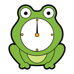 A whimsical frog-clock with vibrant green colors, featuring a frog's face as the clock’s center and lily pad hands, bringing fun and charm to any space.