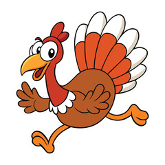 A lively, funny turkey with outstretched wings and comical legs, sprinting across a field with a goofy expression, creating a playful, humorous scene.