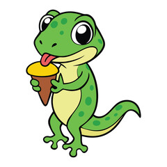 A cute gecko happily licking a melting ice cream cone, its tiny tongue reaching out as it enjoys the sweet treat. A fun and playful scene full of charm!