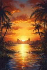 Obraz premium Tropical Sunset: A breathtaking tropical sunset paints the sky with vibrant hues of orange, red, and yellow, reflecting on the calm water.