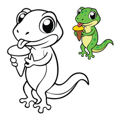 Obraz premium A cute gecko happily licking a melting ice cream cone, its tiny tongue reaching out as it enjoys the sweet treat. A fun and playful scene full of charm!