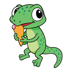 A cute gecko happily licking a melting ice cream cone, its tiny tongue reaching out as it enjoys the sweet treat. A fun and playful scene full of charm!