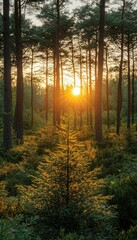 Obraz premium Golden Hour in the Pine Forest: A Sunset Symphony