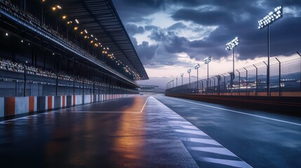 Empty wet race track under dramatic sky at twilight. Possible use Racing photo, motorsport, travel
