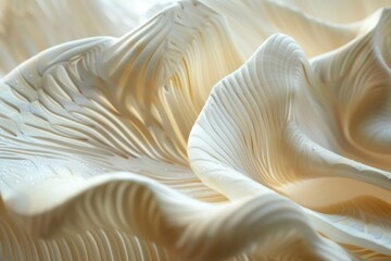 Close-up of delicate, wavy mushroom gills in soft light.