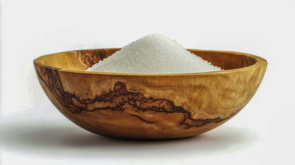 wooden bowl with white sugar isolated on white background.