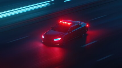 Fototapeta premium Police Car with Flashing Lights Racing Down a Dark Road at Night, Capturing Movement and Urgency in Urban Environment