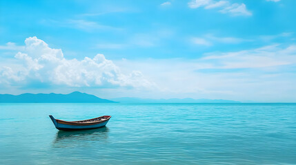 Tranquil ocean scene with lone boat, island backdrop, calm waters, summer day, ideal for travel brochures