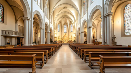 Tranquil church interior, sunlight streaming through stained glass, rows of pews, peaceful atmosphere, perfect for religious or spiritual contexts