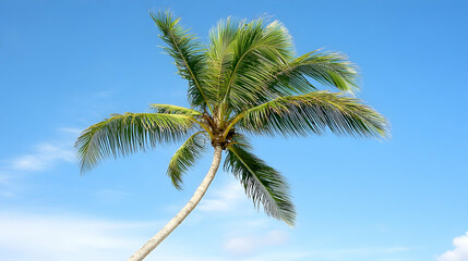 Tropical palm tree swaying gently in a clear blue sky,  perfect for travel or vacation brochures