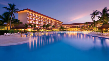 Fototapeta premium Tropical resort pool at sunset, palm trees, beach chairs, vacation getaway