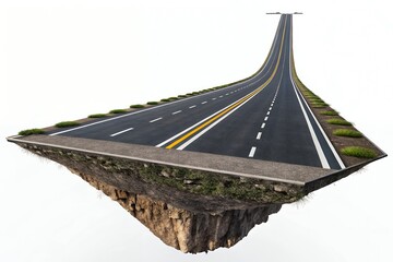 A boundless highway stretching towards an unknown horizon, a journey of endless possibilities, floating on a cliff edge against a stark white background.