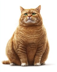 Fototapeta premium Overweight ginger cat. A plump orange tabby cat sits, gazing directly at the viewer. Its substantial build and round physique are evident against a plain white backdrop