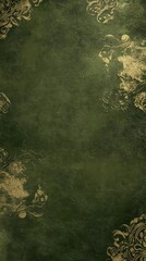 A dark green textured background with ornate gold floral patterns