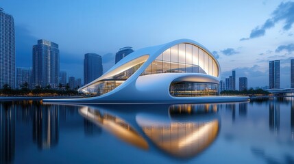Obraz premium Modern futuristic building with sleek design reflecting in water.