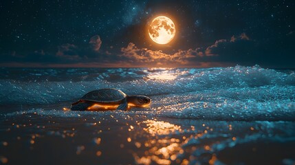 Sea turtles hatching on a moonlit beach